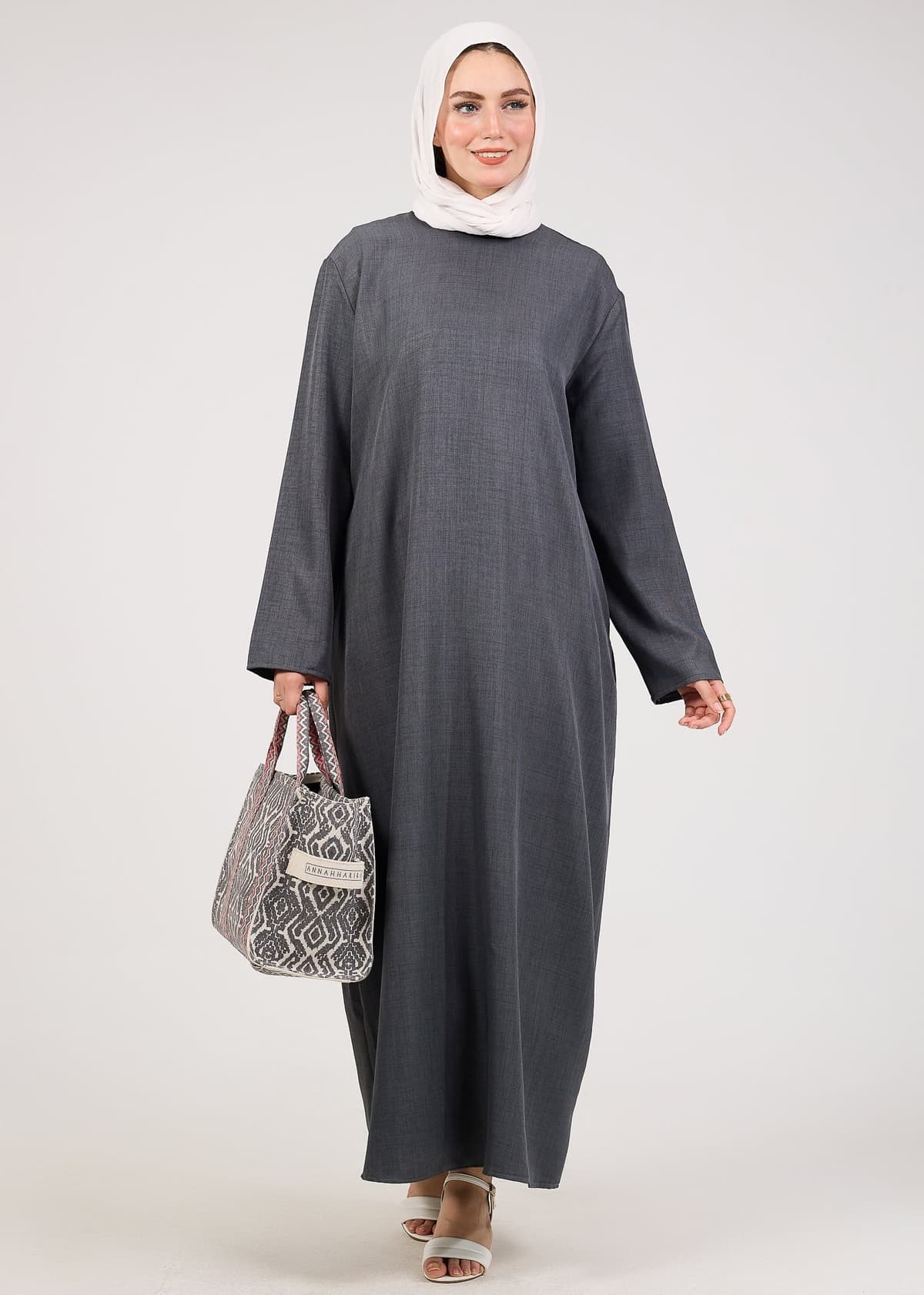 Dark Gray Kira Loose Slip Dress with Pockets in Maxi Length and with Long Sleeve in dark grey, view 4