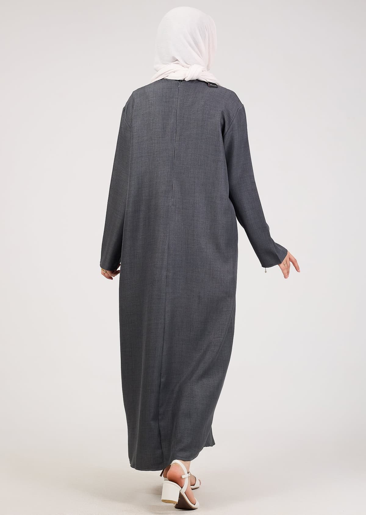 Dark Gray Kira Loose Slip Dress with Pockets in Maxi Length and with Long Sleeve in dark grey, view 3