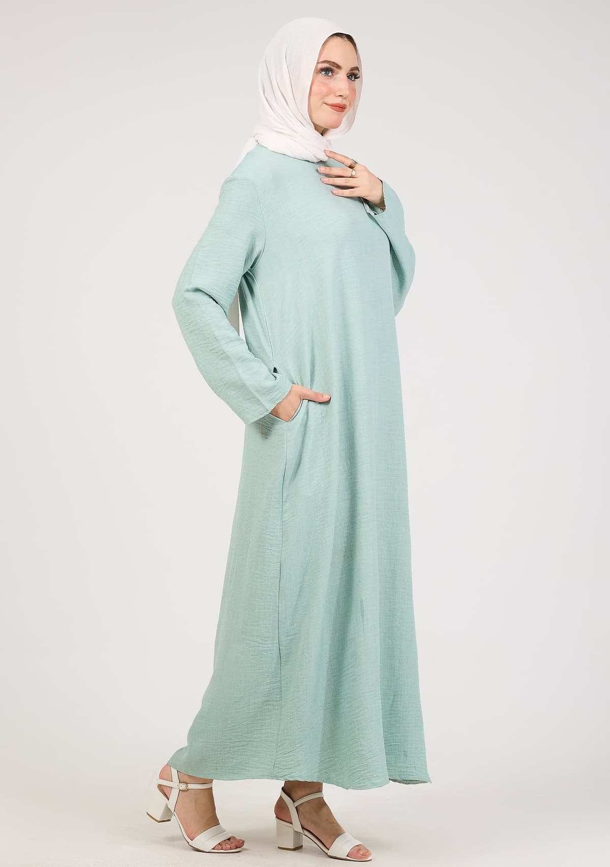 Light Green Kira Loose Slip Dress with Pockets in Maxi Length and with Long Sleeve, view 4