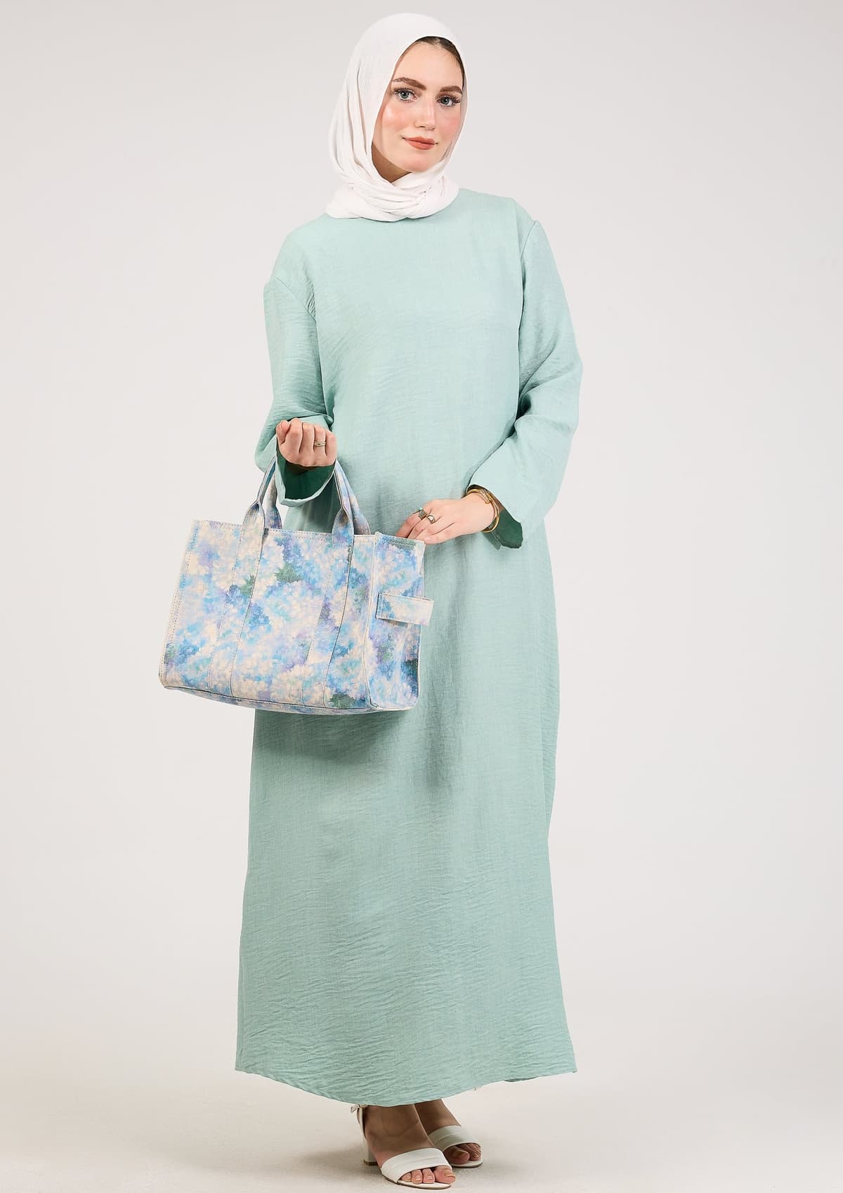 Light Green Kira Loose Slip Dress with Pockets in Maxi Length and with Long Sleeve, view 5