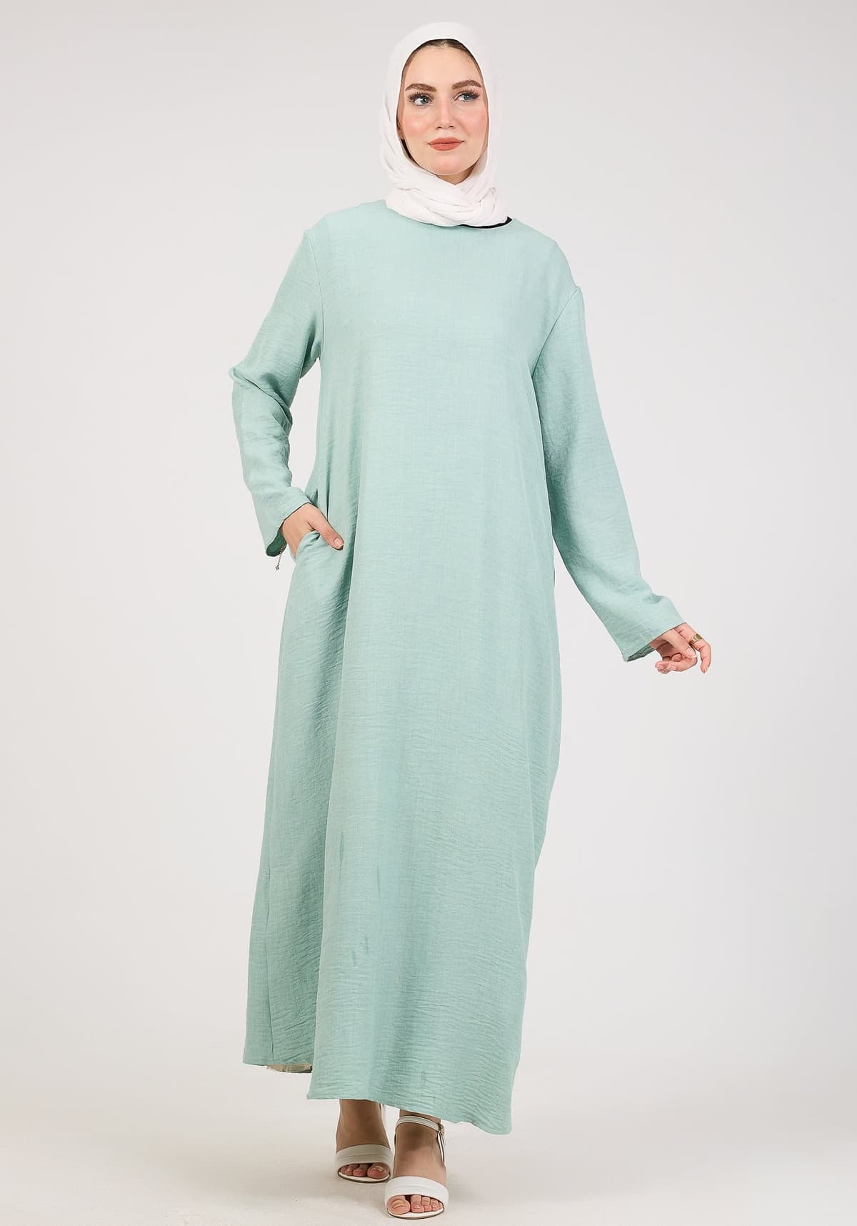 Light Green Kira Loose Slip Dress with Pockets in Maxi Length and with Long Sleeve, view 3