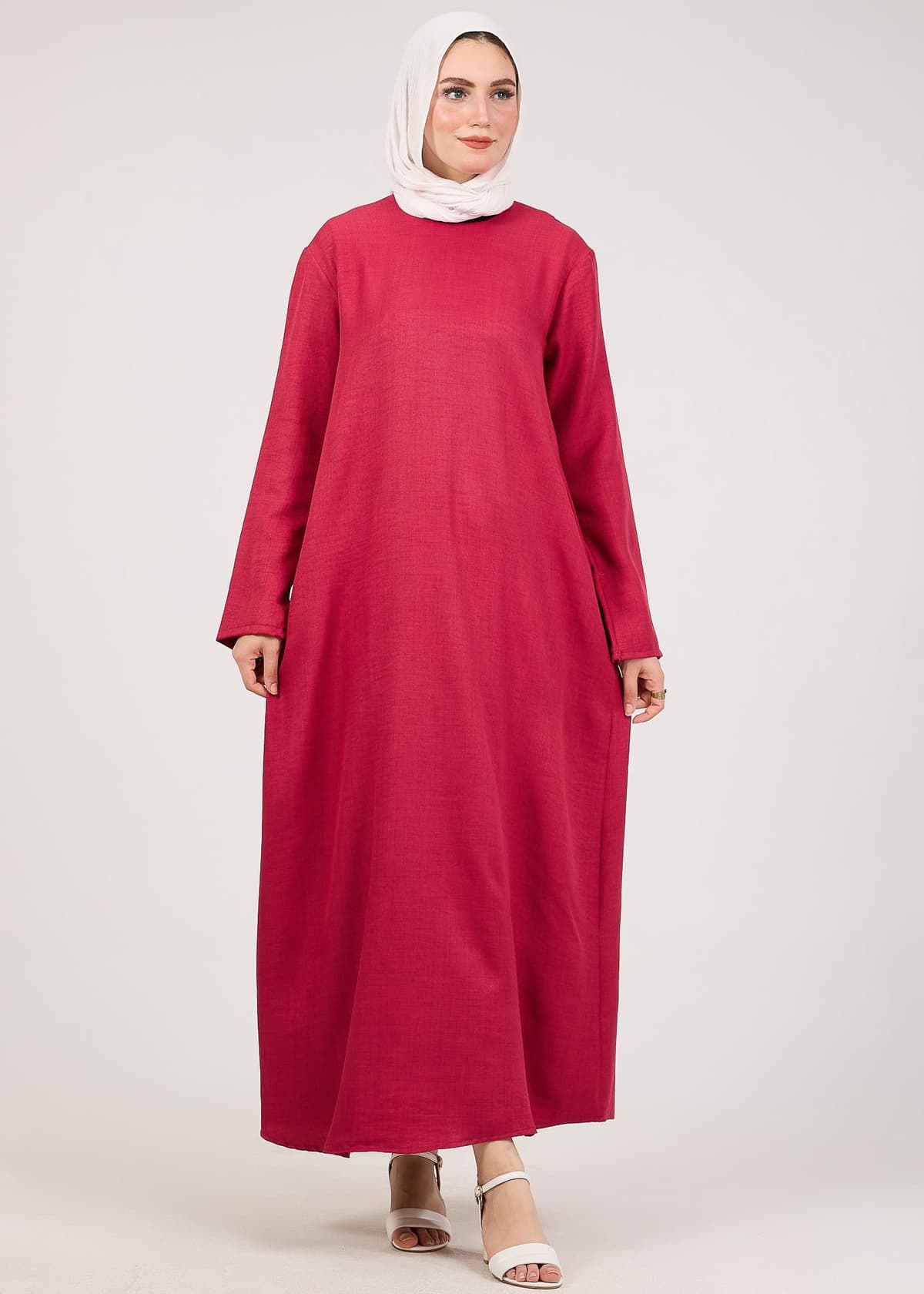 Dark Pink Kira Loose Slip Dress with Pockets in Maxi Length and with Long Sleeve, view 3