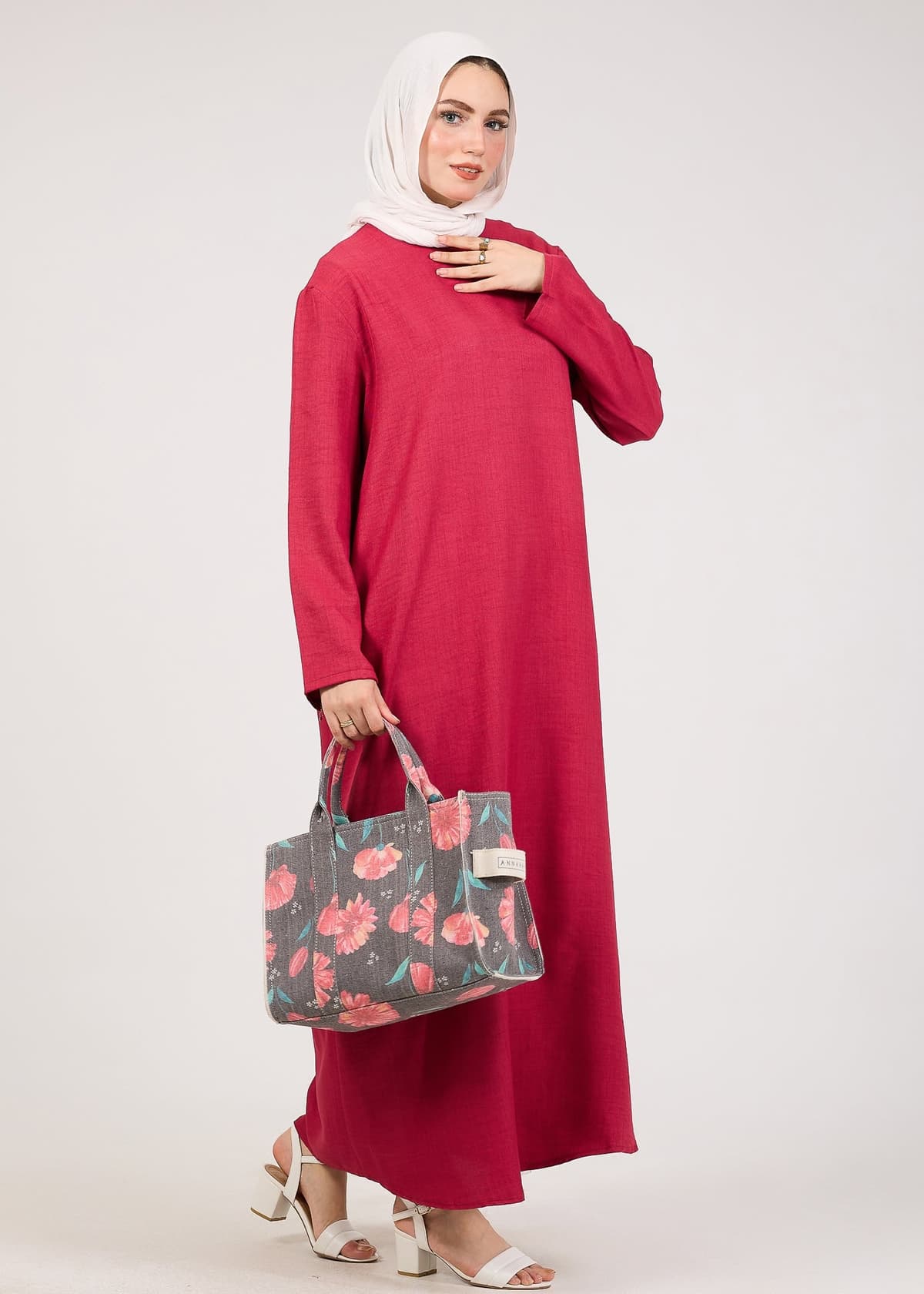 Dark Pink Kira Loose Slip Dress with Pockets in Maxi Length and with Long Sleeve, view 5