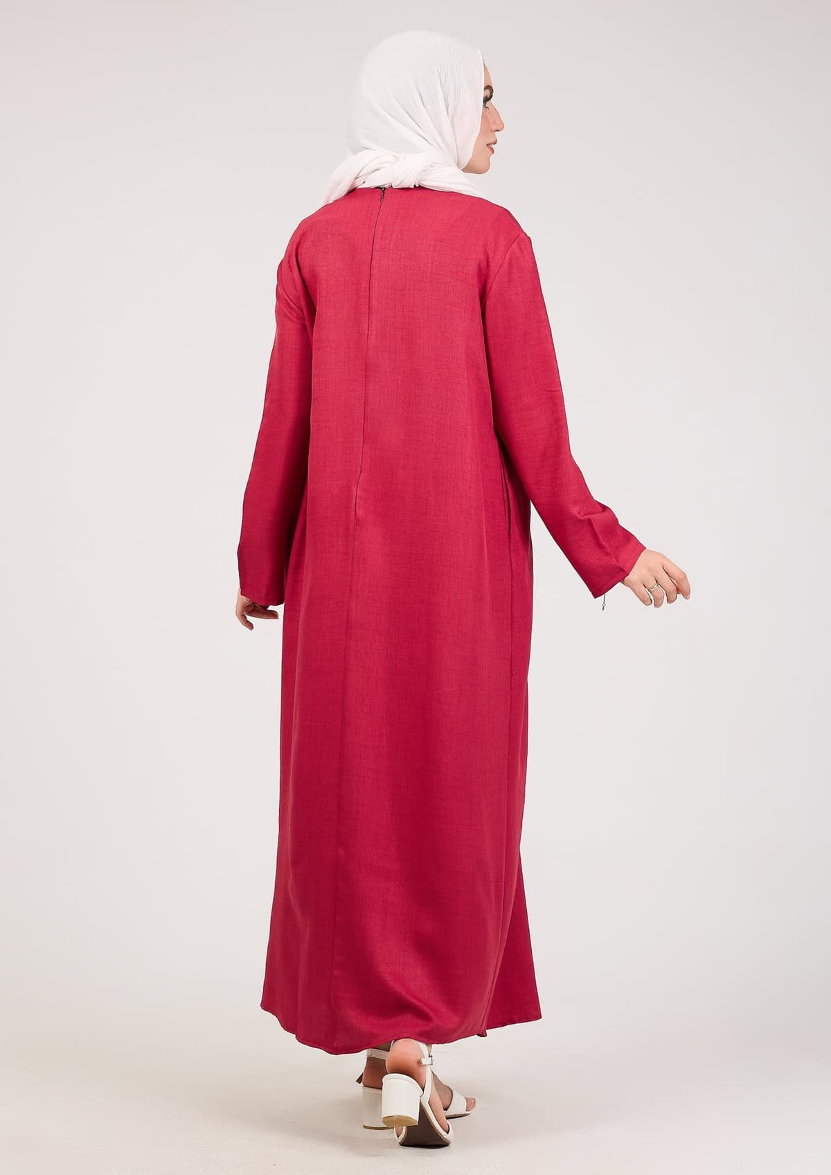 Dark Pink Kira Loose Slip Dress with Pockets in Maxi Length and with Long Sleeve, view 4