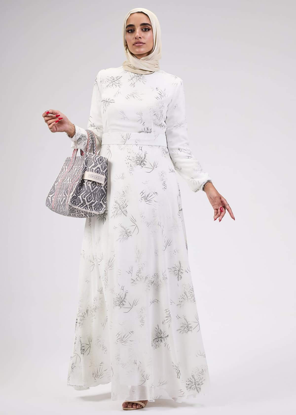 Back view of modesty Ivory Chiffon Maxi Dress