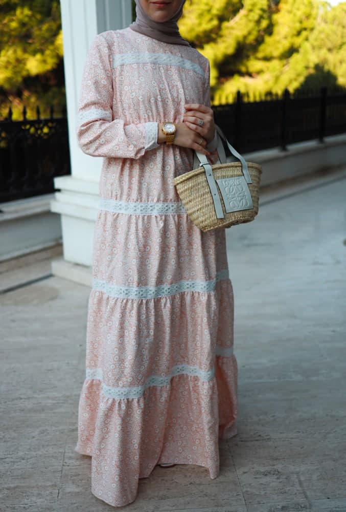 Lamar Modest Boho Maxi Style Dress with Lace Detailing and Full Sleeve in beige, view 6