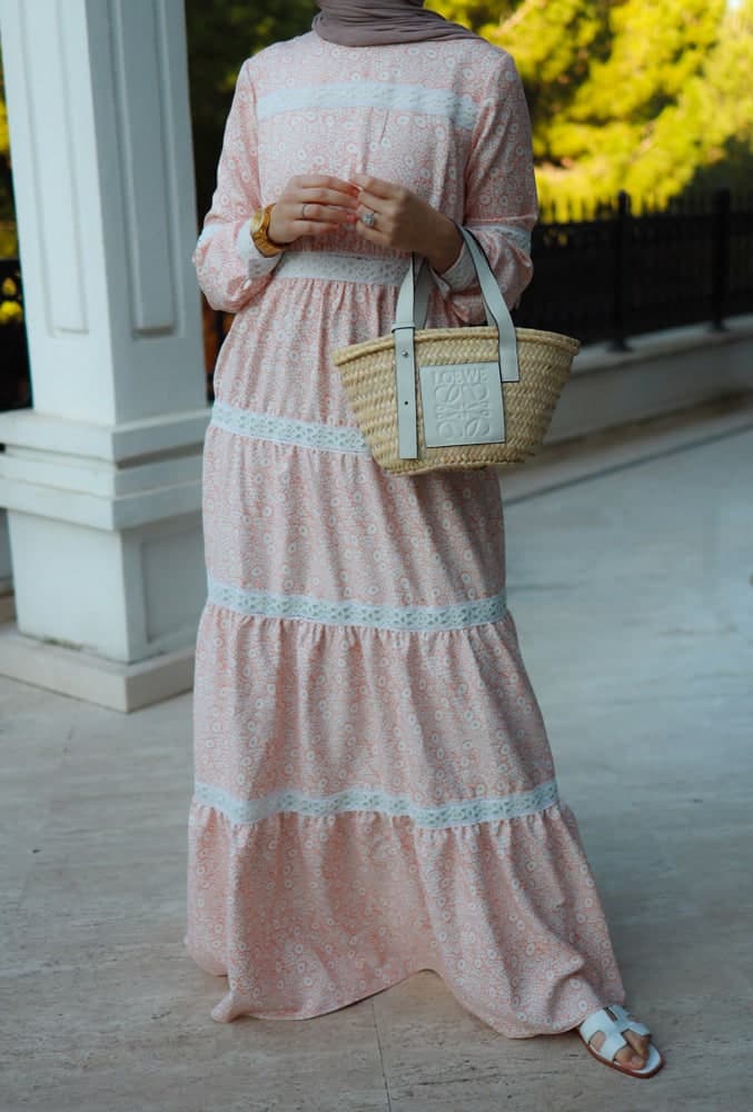 Lamar Modest Boho Maxi Style Dress with Lace Detailing and Full Sleeve in beige, view 3