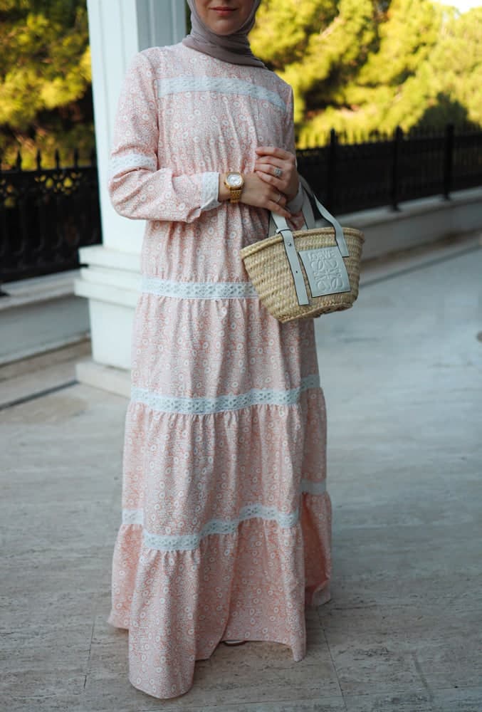 Lamar Modest Boho Maxi Style Dress with Lace Detailing and Full Sleeve in beige, view 7