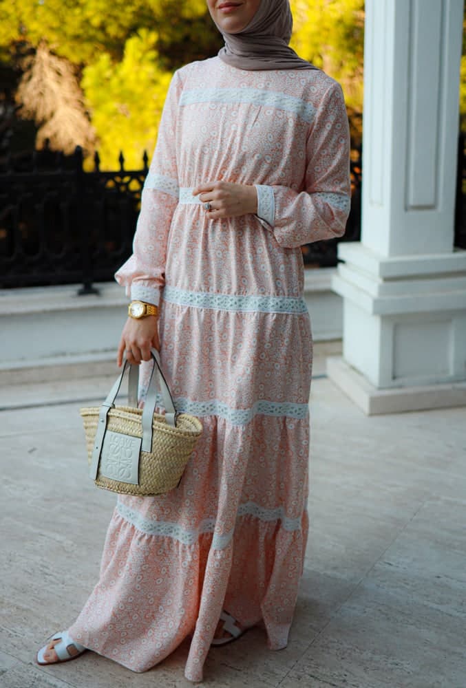 Lamar Modest Boho Maxi Style Dress with Lace Detailing and Full Sleeve in beige, view 8