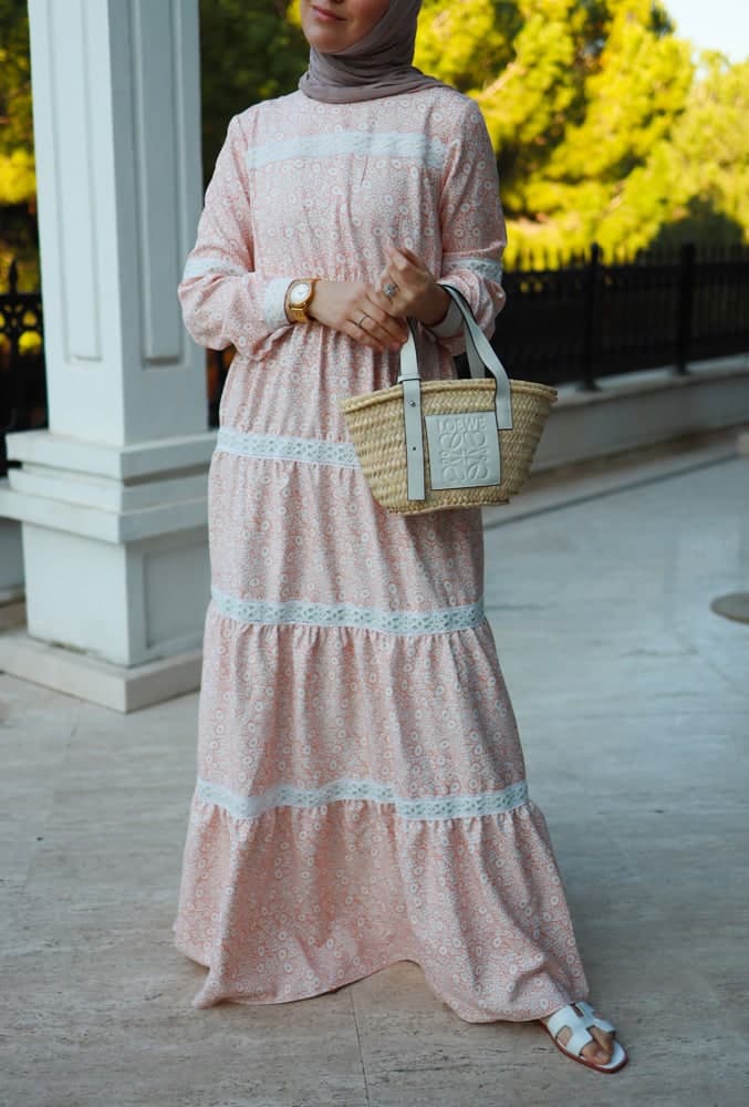 Lamar Modest Boho Maxi Style Dress with Lace Detailing and Full Sleeve in beige, view 12