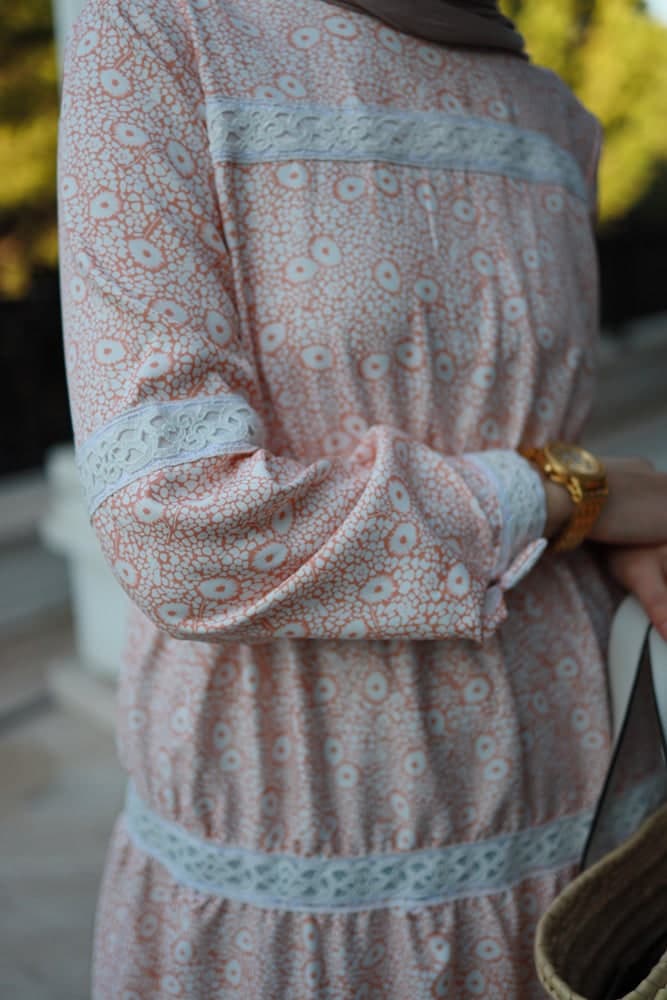 Lamar Modest Boho Maxi Style Dress with Lace Detailing and Full Sleeve in beige, view 11
