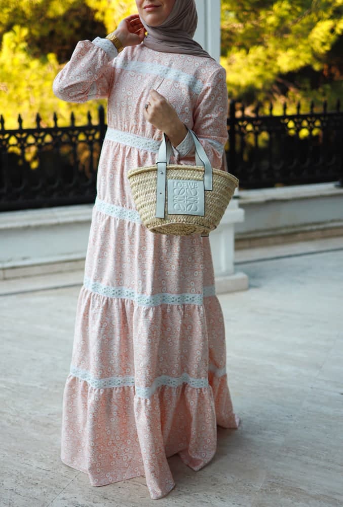 Lamar Modest Boho Maxi Style Dress with Lace Detailing and Full Sleeve in beige, view 4