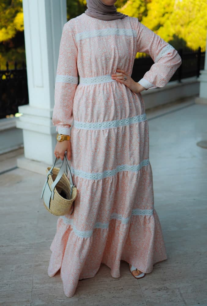Lamar Modest Boho Maxi Style Dress with Lace Detailing and Full Sleeve in beige, view 9