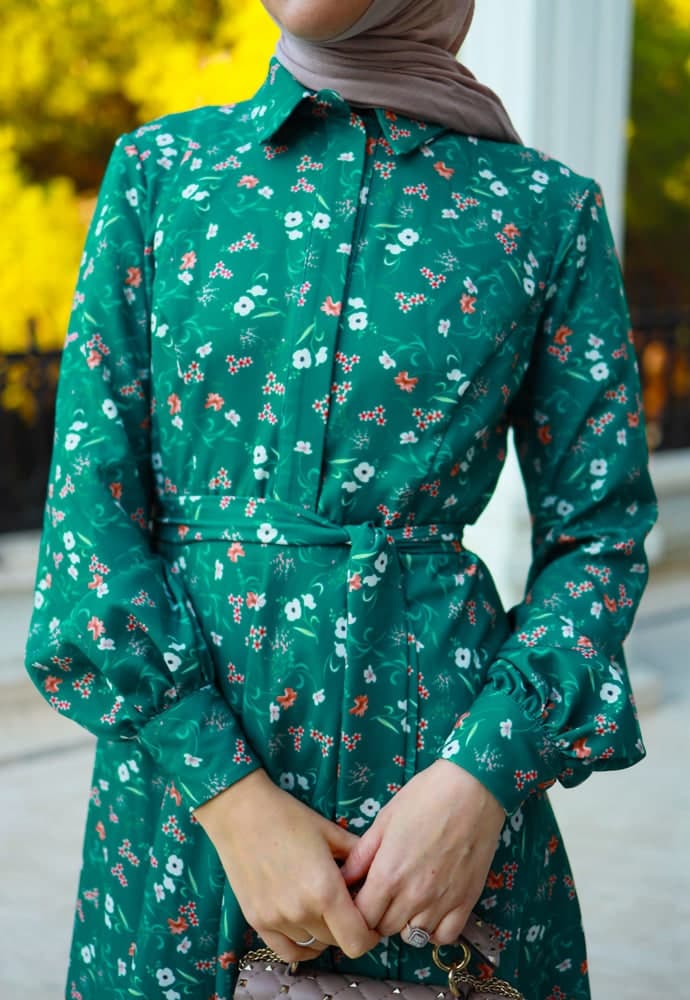 Elanur Modest Dress in Maxi Length and Full Sleeve with Front Button Fastening Matching Belt in green, view 7