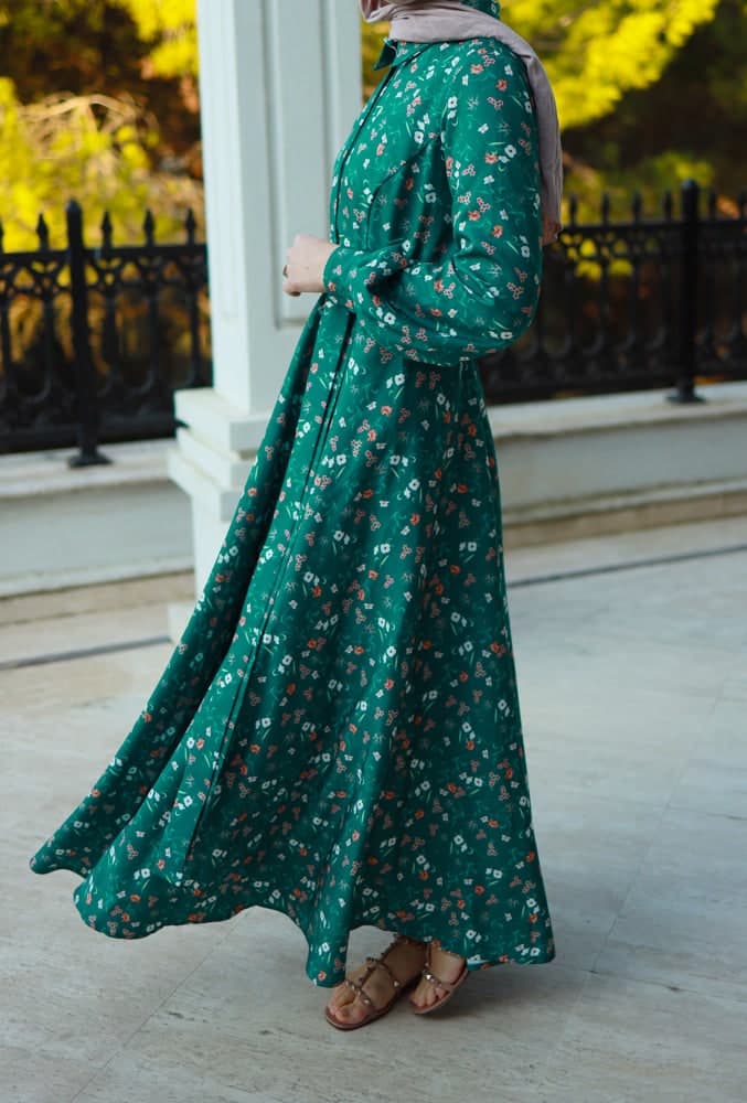 Elanur Modest Dress in Maxi Length and Full Sleeve with Front Button Fastening Matching Belt in green, view 10