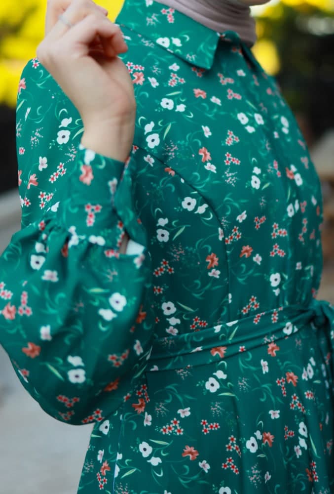 Elanur Modest Dress in Maxi Length and Full Sleeve with Front Button Fastening Matching Belt in green, view 4