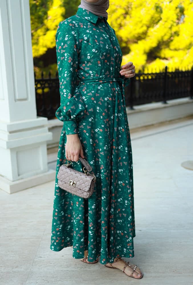 Elanur Modest Dress in Maxi Length and Full Sleeve with Front Button Fastening Matching Belt in green, view 9