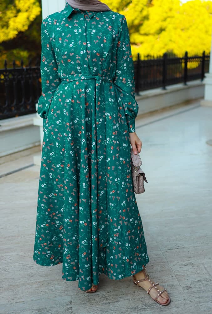 Elanur Modest Dress in Maxi Length and Full Sleeve with Front Button Fastening Matching Belt in green, view 3