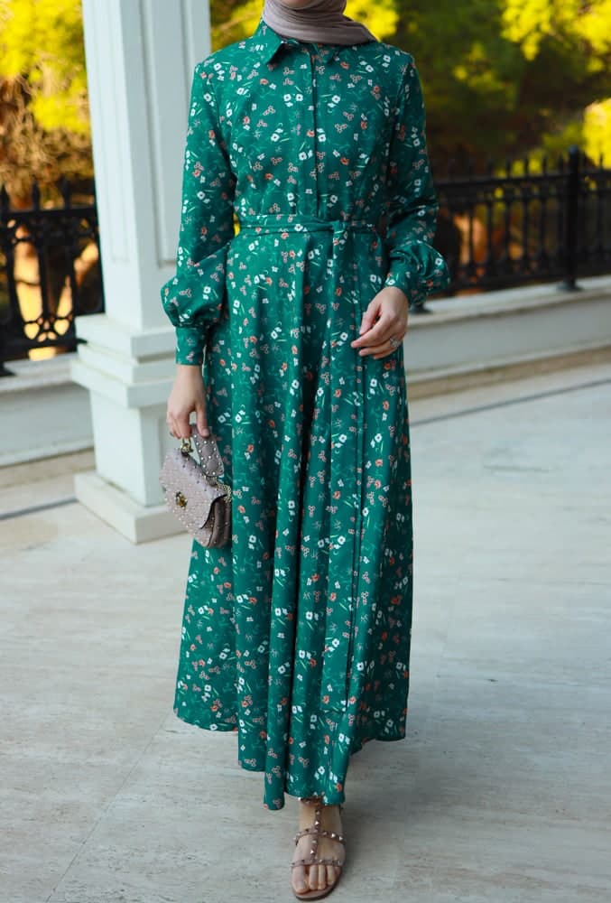 Elanur Modest Dress in Maxi Length and Full Sleeve with Front Button Fastening Matching Belt in green, view 8