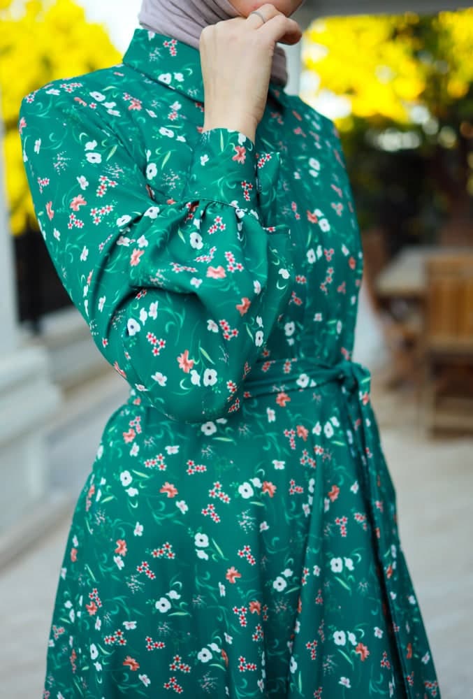 Elanur Modest Dress in Maxi Length and Full Sleeve with Front Button Fastening Matching Belt in green, view 5