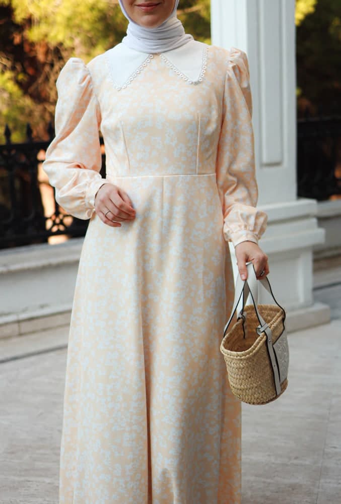 Sena Maxi Modest Dress with Vintage Collar Puff Shoulders in Ditsy Floral in beige, view 5