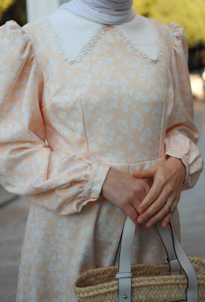 Sena Maxi Modest Dress with Vintage Collar Puff Shoulders in Ditsy Floral in beige, view 7