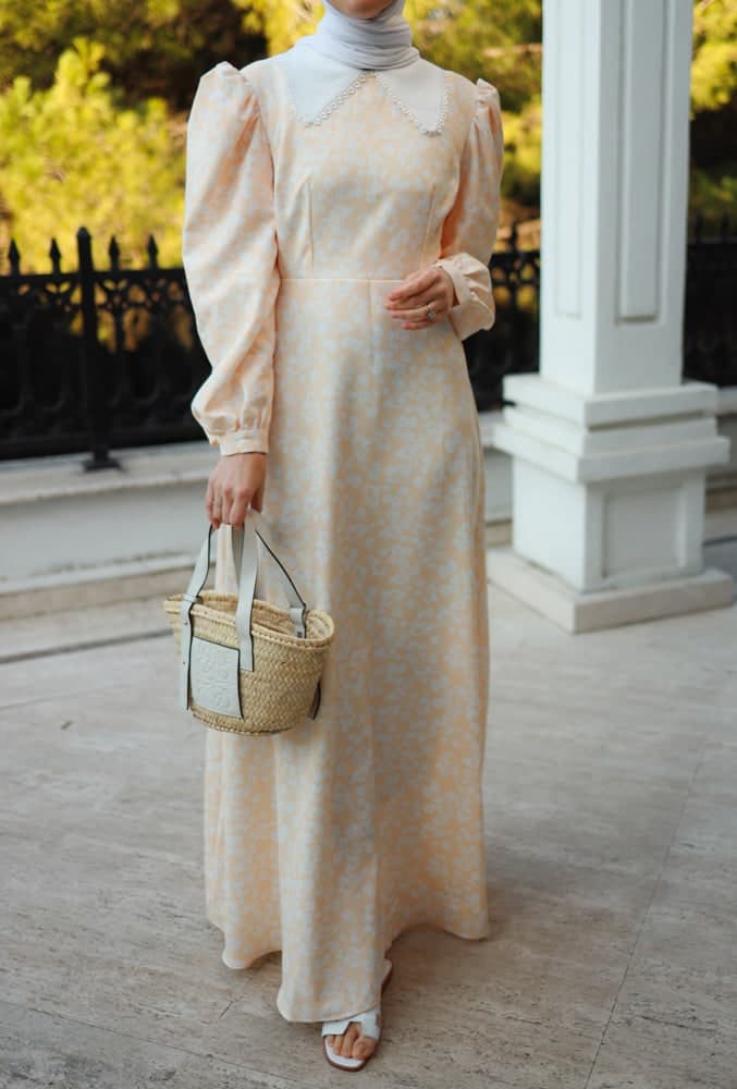 Sena Maxi Modest Dress with Vintage Collar Puff Shoulders in Ditsy Floral in beige, view 8
