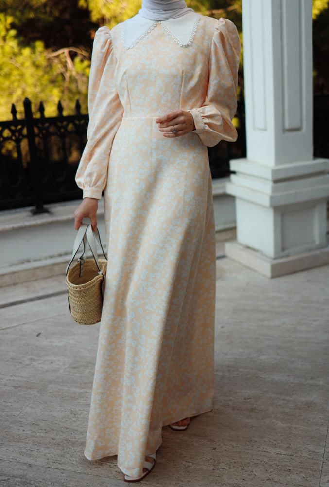 Sena Maxi Modest Dress with Vintage Collar Puff Shoulders in Ditsy Floral in beige, view 9