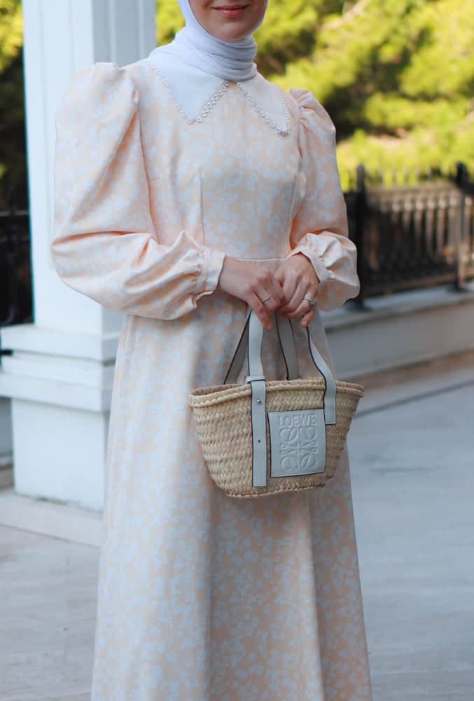 Sena Maxi Modest Dress with Vintage Collar Puff Shoulders in Ditsy Floral in beige, view 4