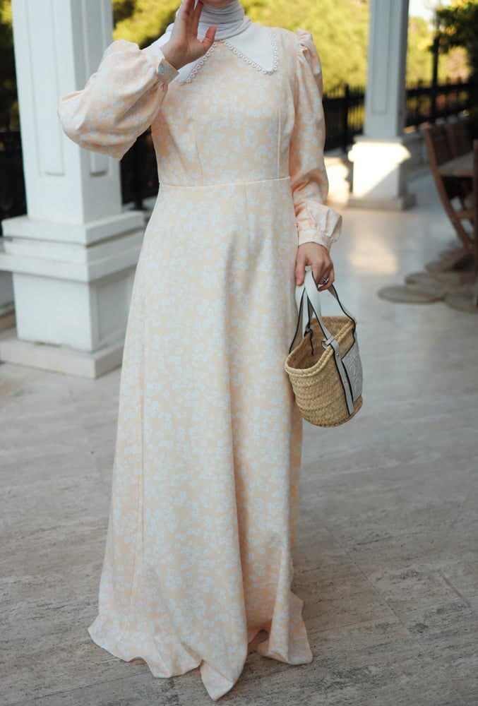 Sena Maxi Modest Dress with Vintage Collar Puff Shoulders in Ditsy Floral in beige, view 6