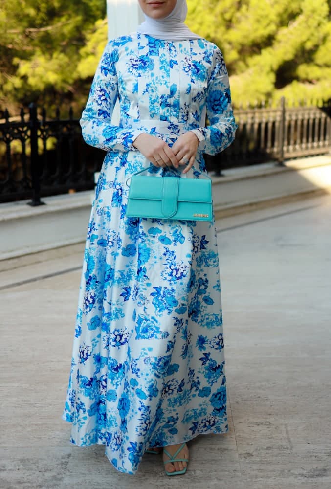 Dima Modest Maxi Print Dress in Floral with Full Sleeve in blue, view 7