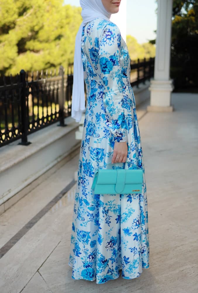 Dima Modest Maxi Print Dress in Floral with Full Sleeve in blue, view 5
