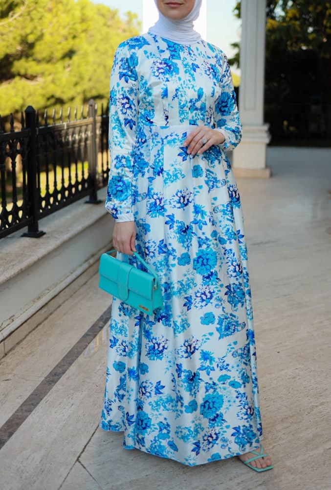 Dima Modest Maxi Print Dress in Floral with Full Sleeve in blue, view 4