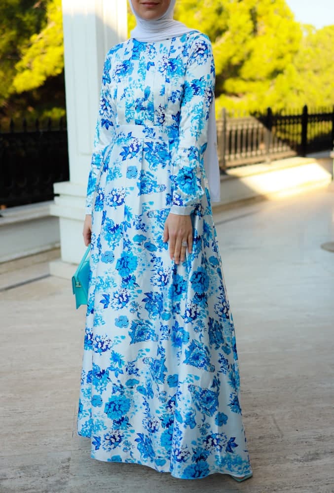 Dima Modest Maxi Print Dress in Floral with Full Sleeve in blue, view 8