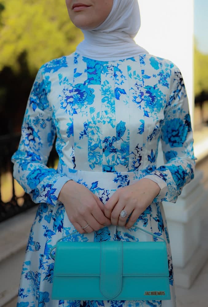 Dima Modest Maxi Print Dress in Floral with Full Sleeve in blue, view 6