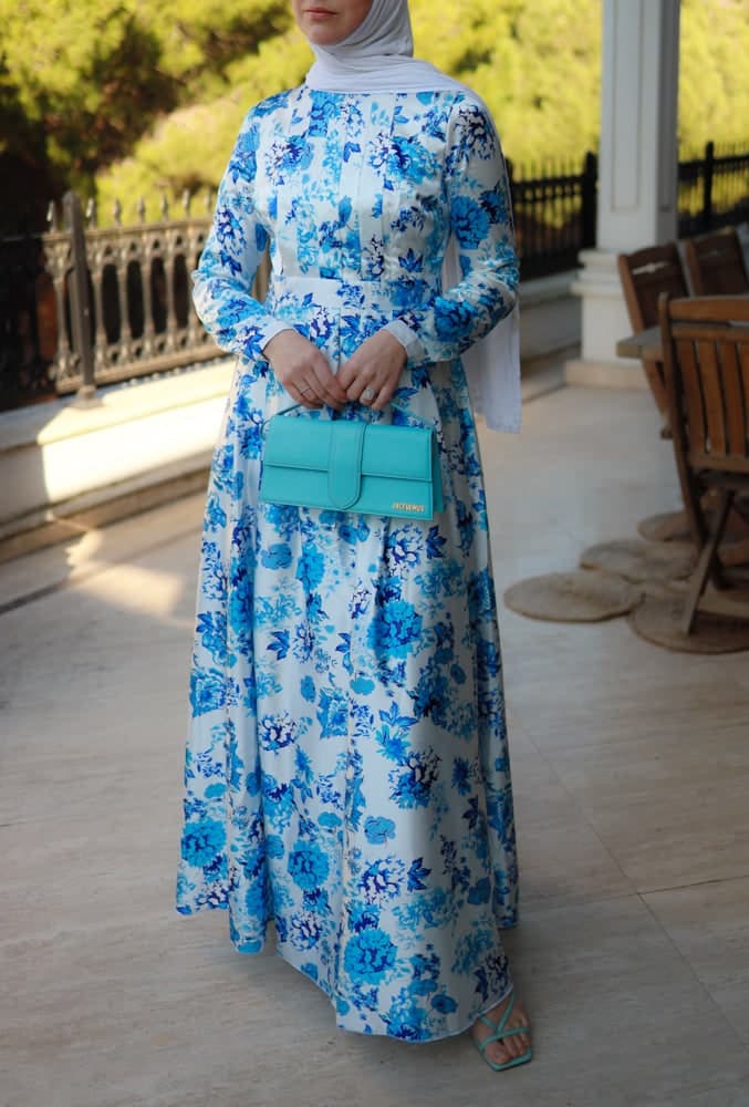 Dima Modest Maxi Print Dress in Floral with Full Sleeve in blue, view 3