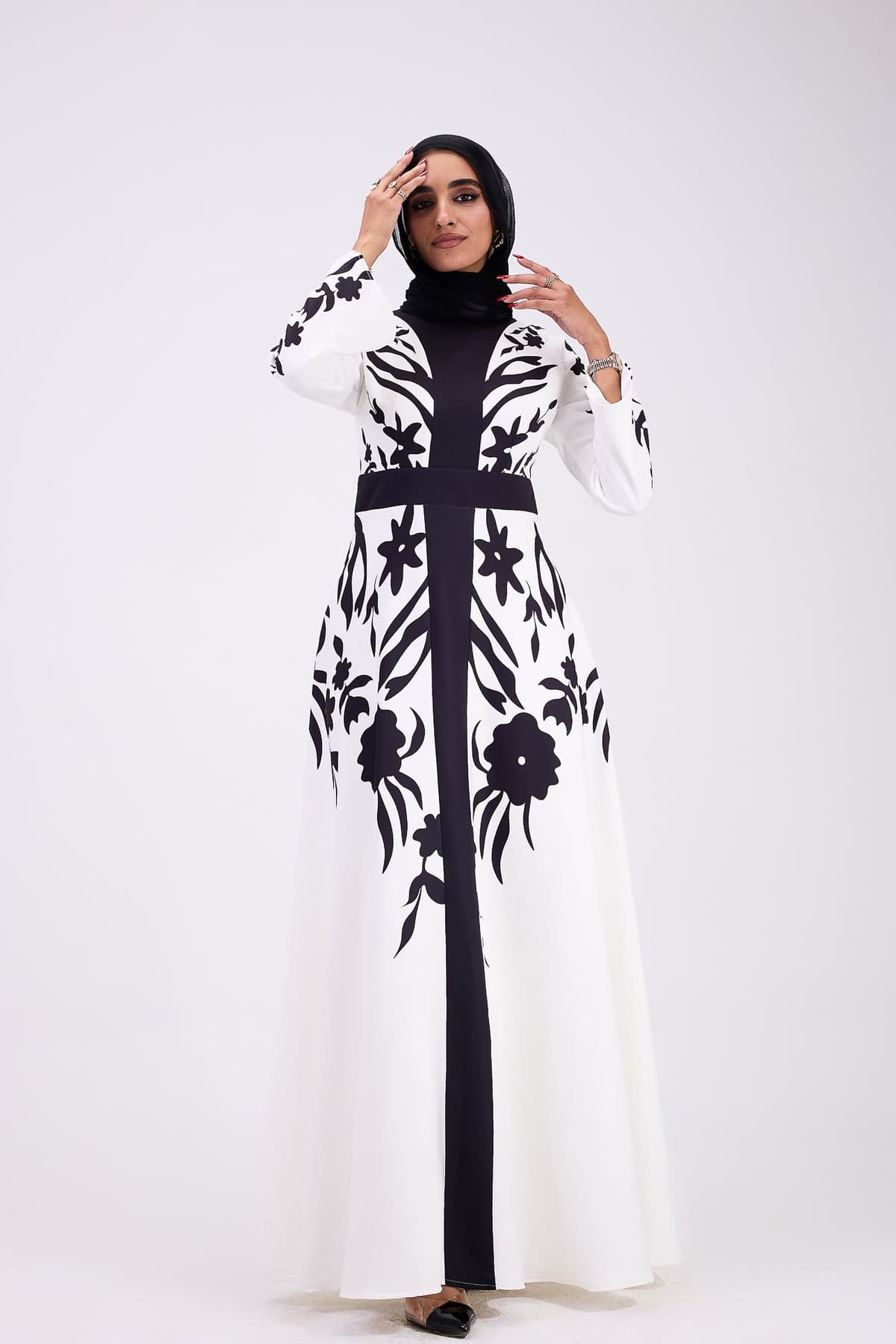Close-up of floral pattern on crepe modesty dress