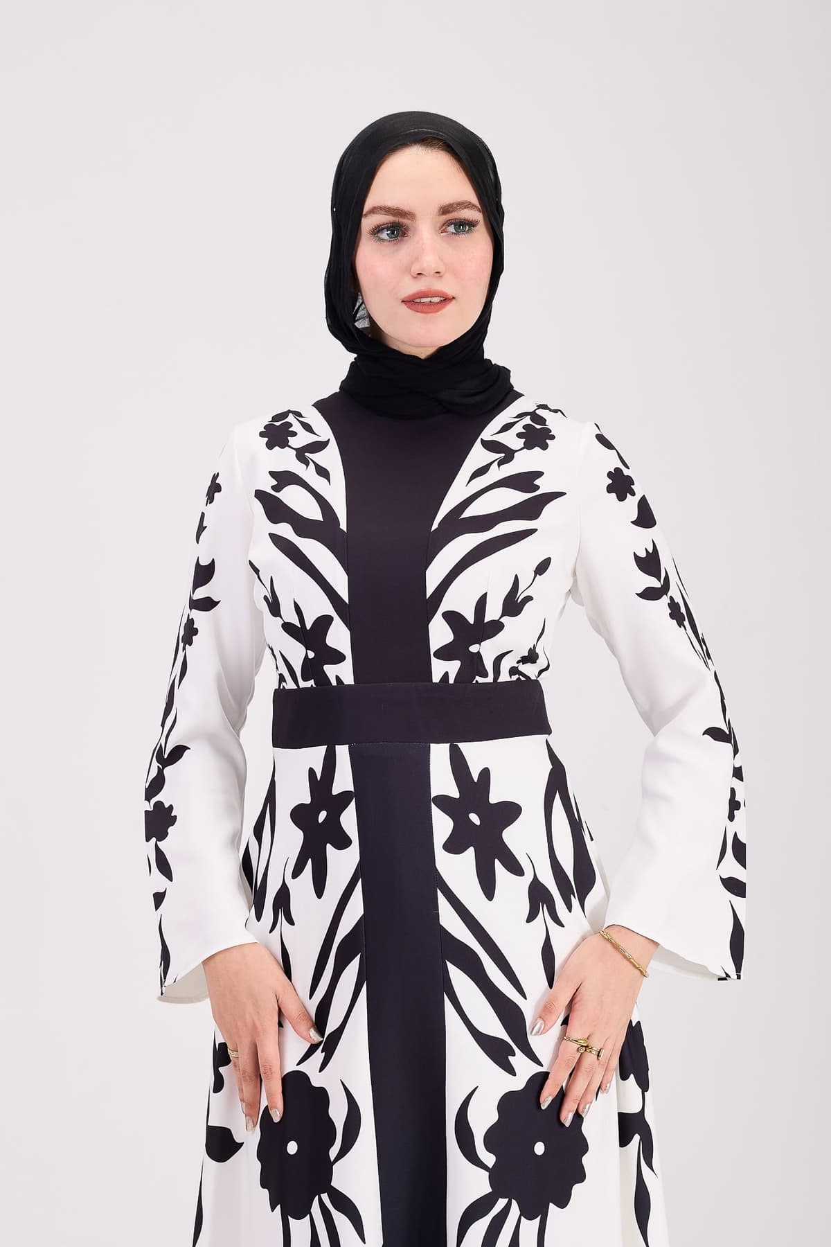 Black and white floral modesty dress front view