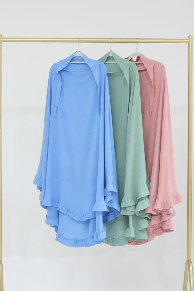 Ayman One Layer Ruffle Edge Khimar Hijab in Light Blue, view 4