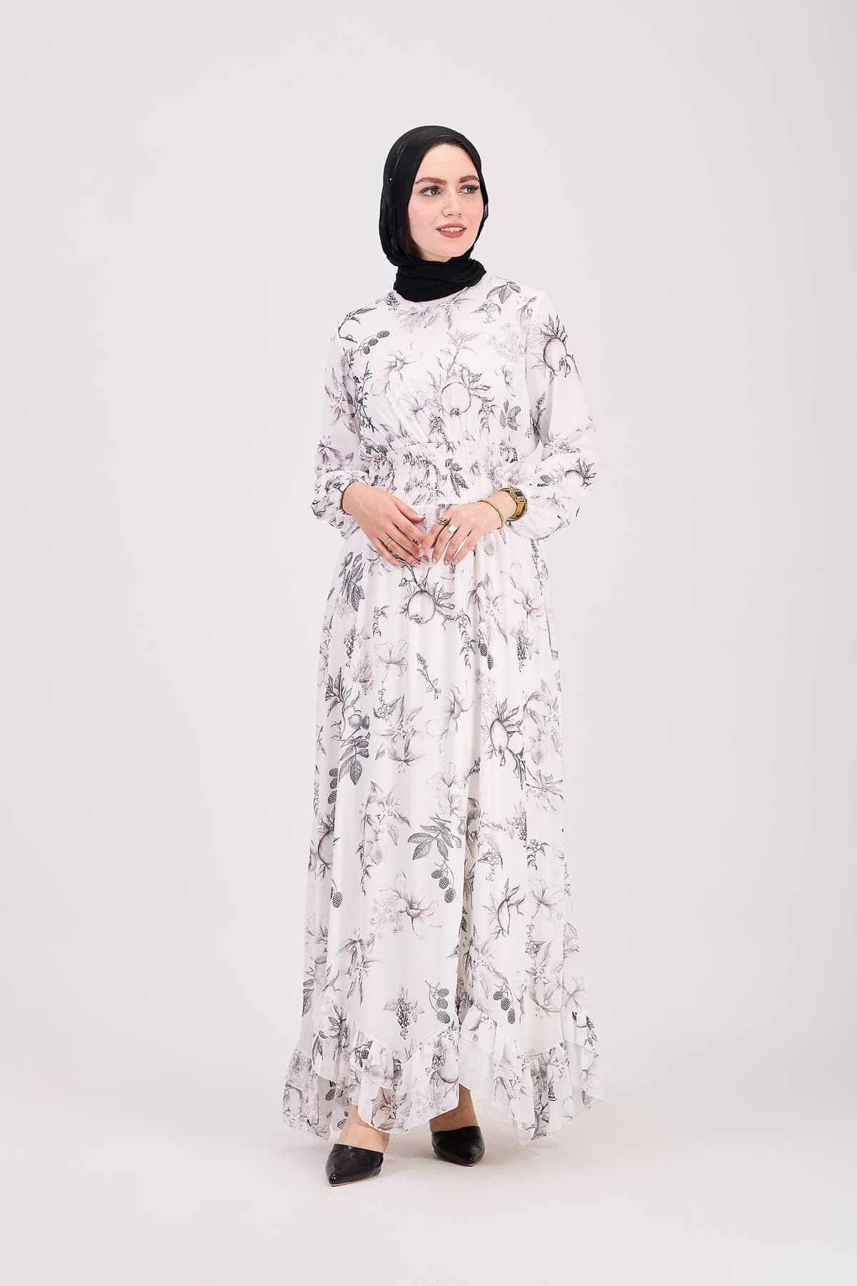 Sawsan Ethereal Floral Chiffon Maxi Dress with Cinched Waist in white, view 3