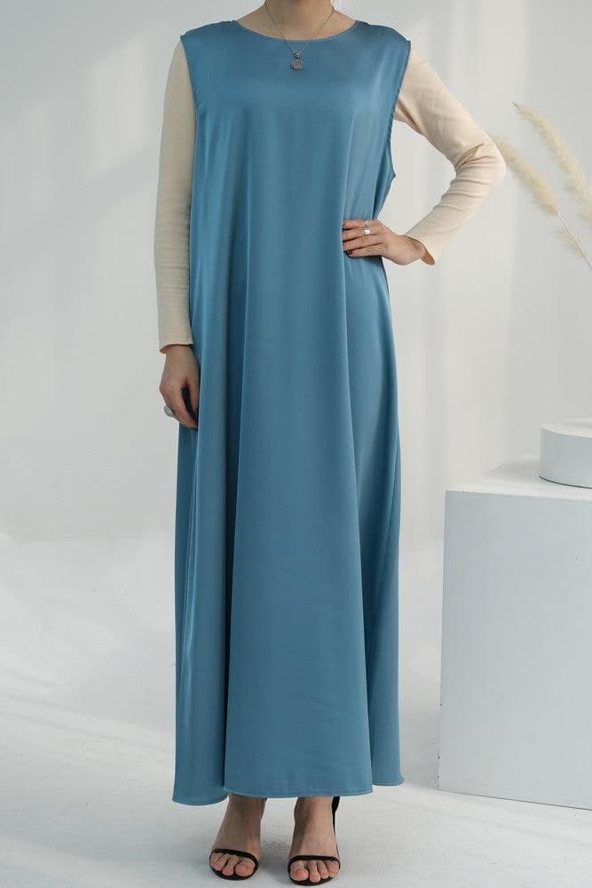 Blue Duniia Slip Dress Maxi Length Sleeveless in Satin Fabric, view 3