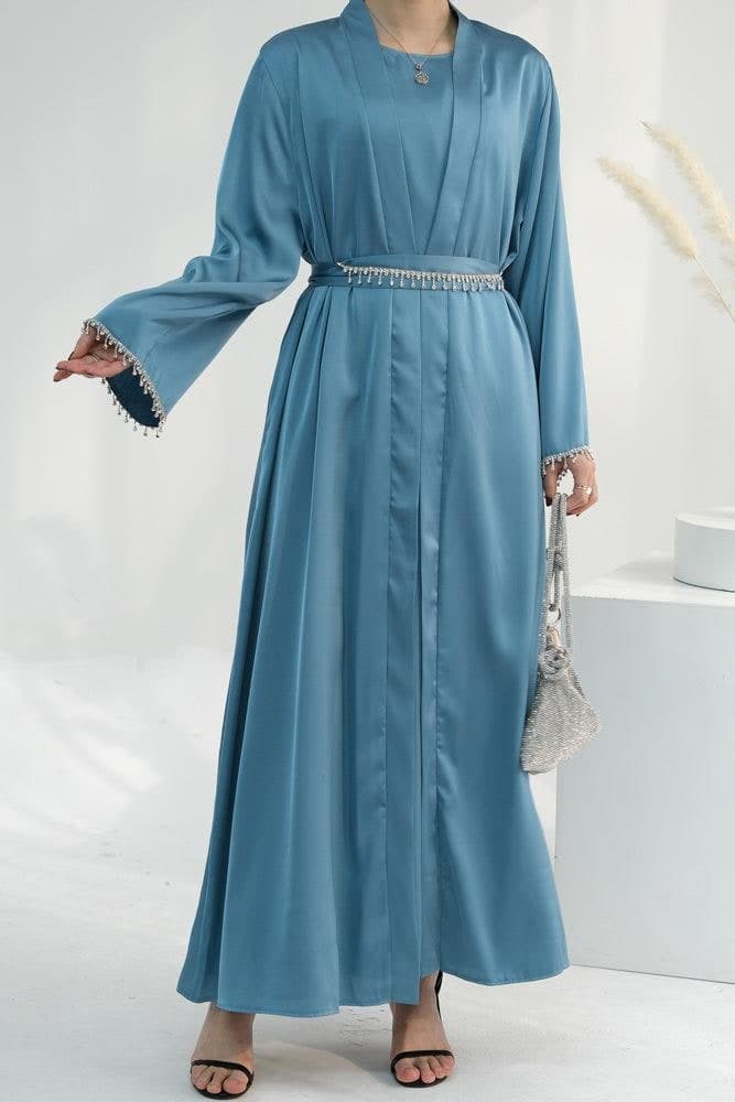 Blue Duniia Slip Dress Maxi Length Sleeveless in Satin Fabric, view 4