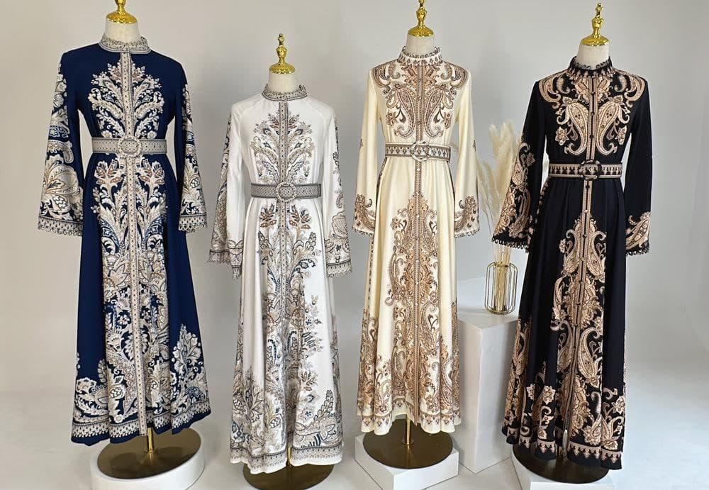 White Garden Women's Casual Spring Summer Boho Floral Print Dress High Neck Long Sleeve High Waist Belt Long Maxi, view 6