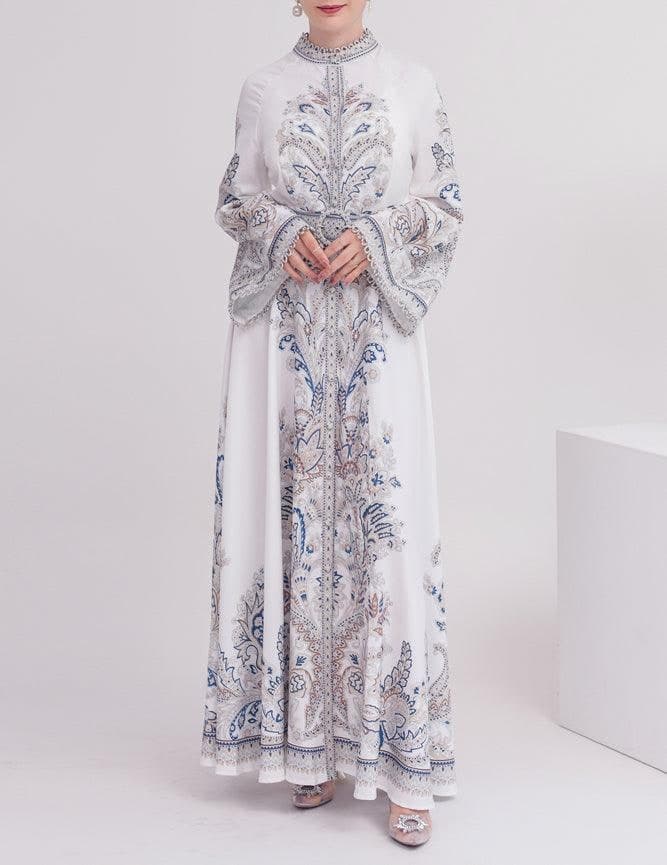 White Garden Women's Casual Spring Summer Boho Floral Print Dress High Neck Long Sleeve High Waist Belt Long Maxi, view 3