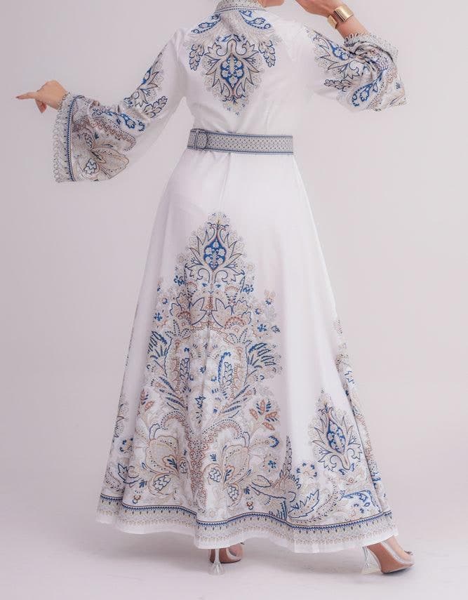 White Garden Women's Casual Spring Summer Boho Floral Print Dress High Neck Long Sleeve High Waist Belt Long Maxi, view 4