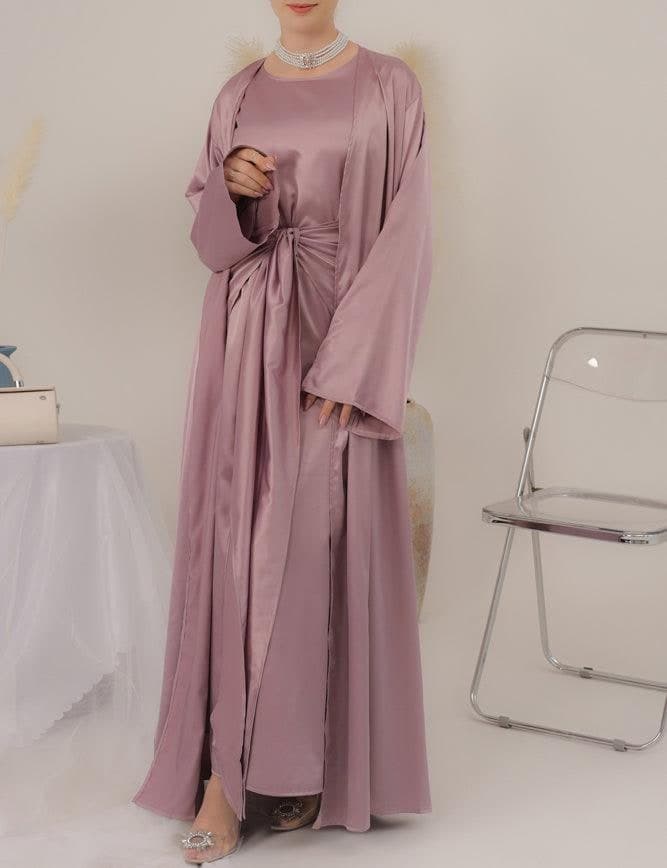 Lunamia Three Piece Abaya with Slip Dress Apron Piece and Throw Over in Satin Fabric in purple, view 3