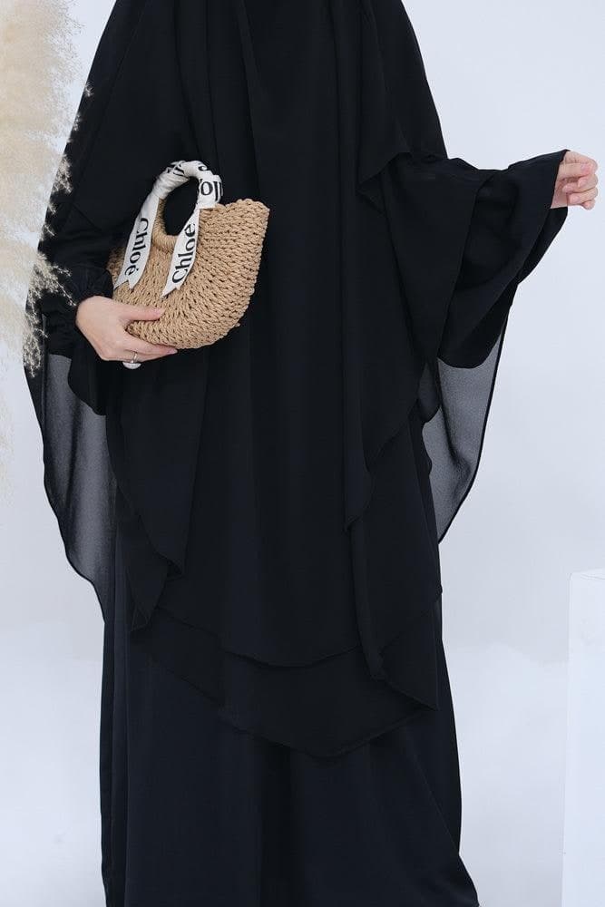 Draped black chiffon khimar hijab, showing length