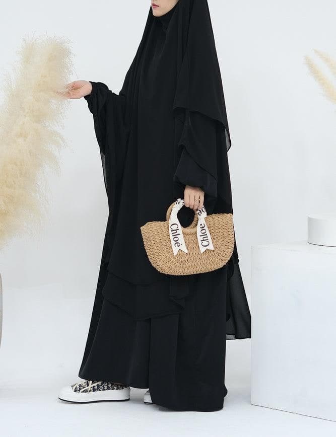 Back view of black two-layer chiffon khimar hijab