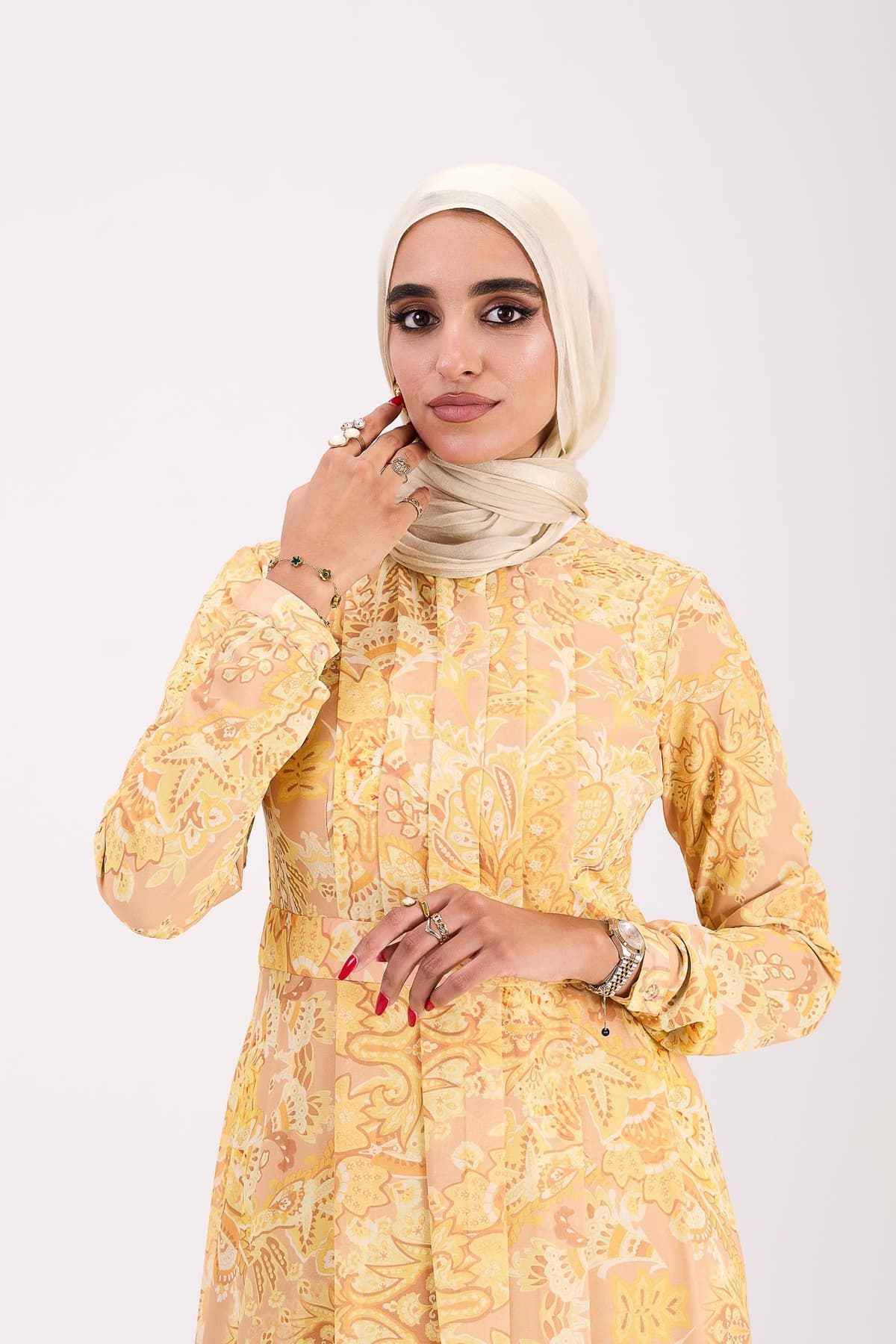 Full length view of golden yellow floral hijab dress