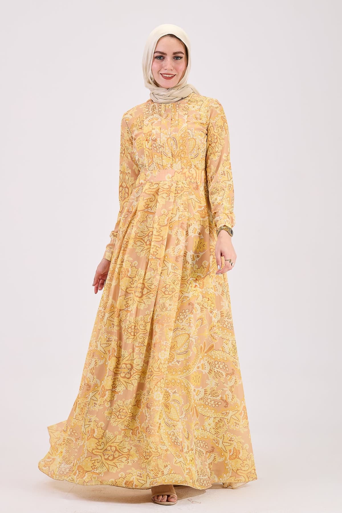 Front view of golden yellow floral hijab dress